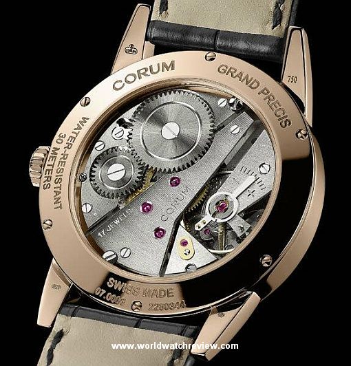 Corum Grand Precis hand-wound watch in rose gold (transparent case back)