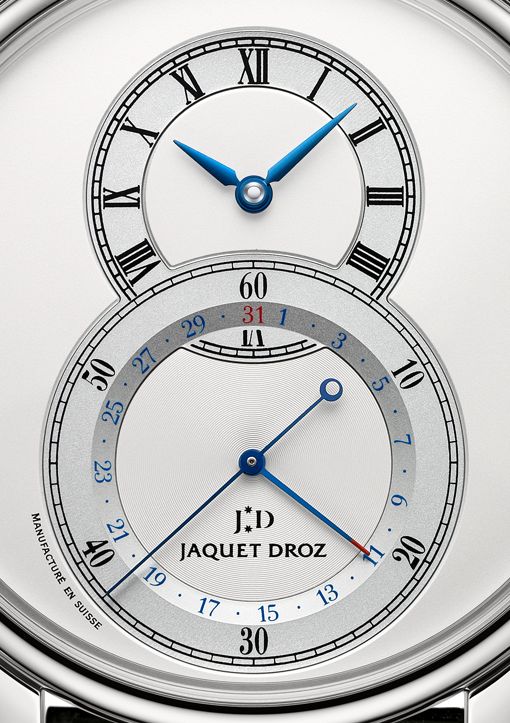 Jaquet Droz Grande Seconde Quantieme automatic wrist watch (white dial, detail)